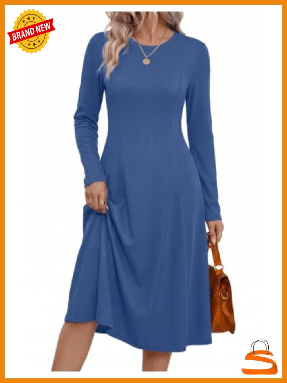 Ribbed Knit Sweater Dress Long Sleeve Midi A-Line Crew Neck Casual Fall
